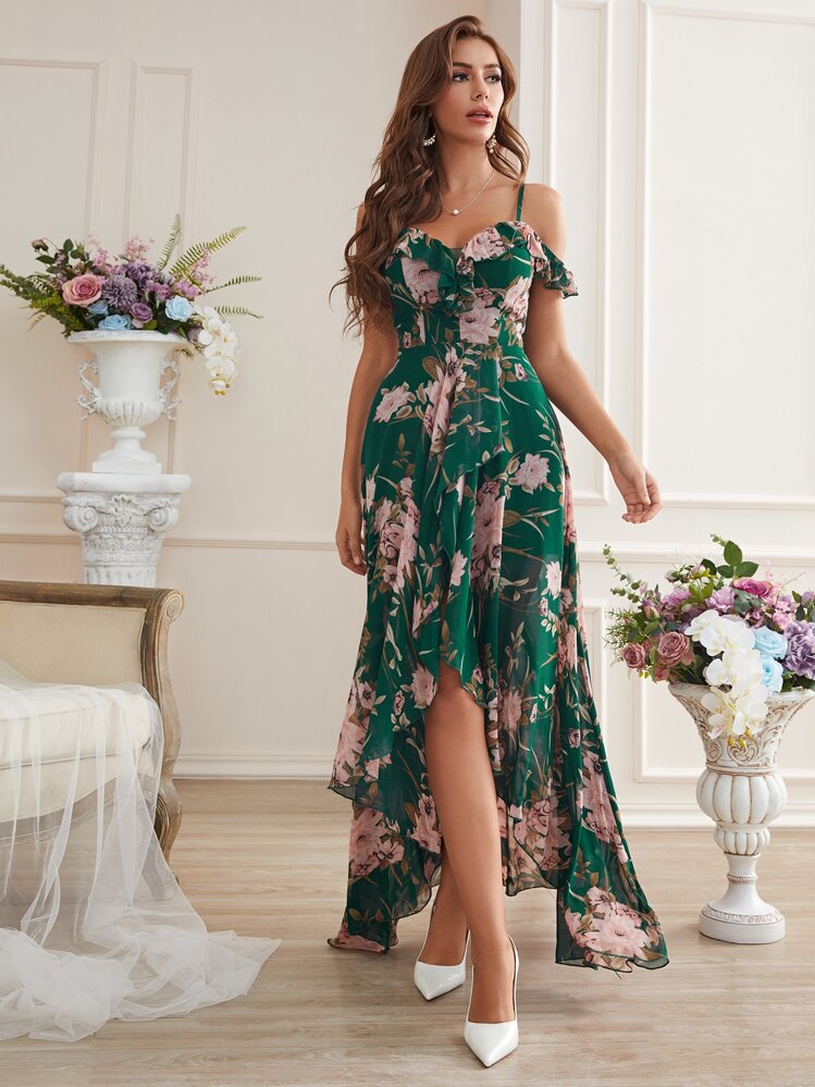 挖肩前短後長下擺滿版花卉連衣裙 - 彩色 - 查看 4