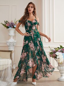 Cold Shoulder High Low Hem Allover Floral Dress - Multicolor - View 7