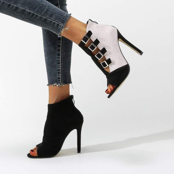 

Colorblock Buckle Decor Cut Out Stiletto Heeled Boots, Black