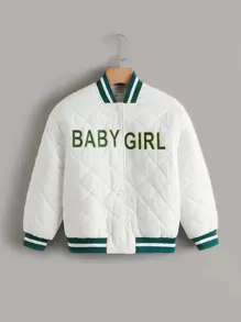 SHEIN Girls Letter Embroidery Striped Trim Quilted Coat - White - View 1