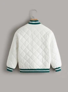 SHEIN Girls Letter Embroidery Striped Trim Quilted Coat - White - View 2