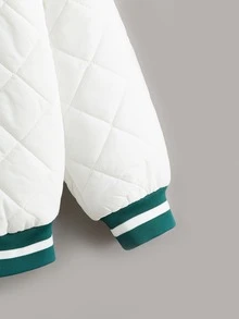 SHEIN Girls Letter Embroidery Striped Trim Quilted Coat - White - View 3