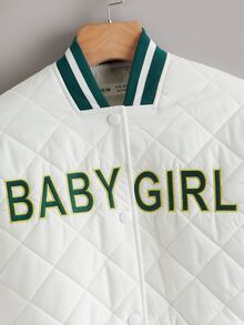 SHEIN Girls Letter Embroidery Striped Trim Quilted Coat - White - View 4