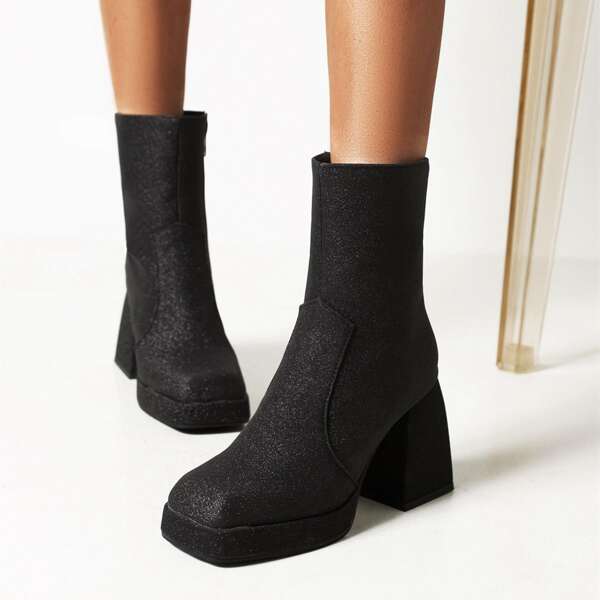 

Square Toe Glitter Decor Mid Calf Boots, Black