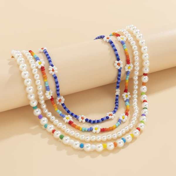 

4pcs Flower Decor Beaded Necklace, Multicolor