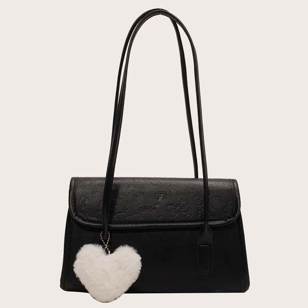 

Cartoon Embossed Flap Baguette Bag, Black
