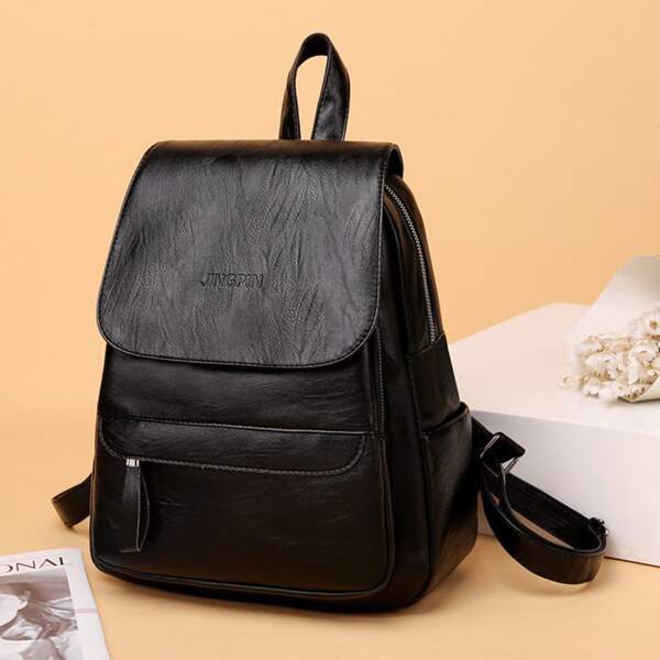 

Pocket Front Letter Detail Classic Backpack, Black