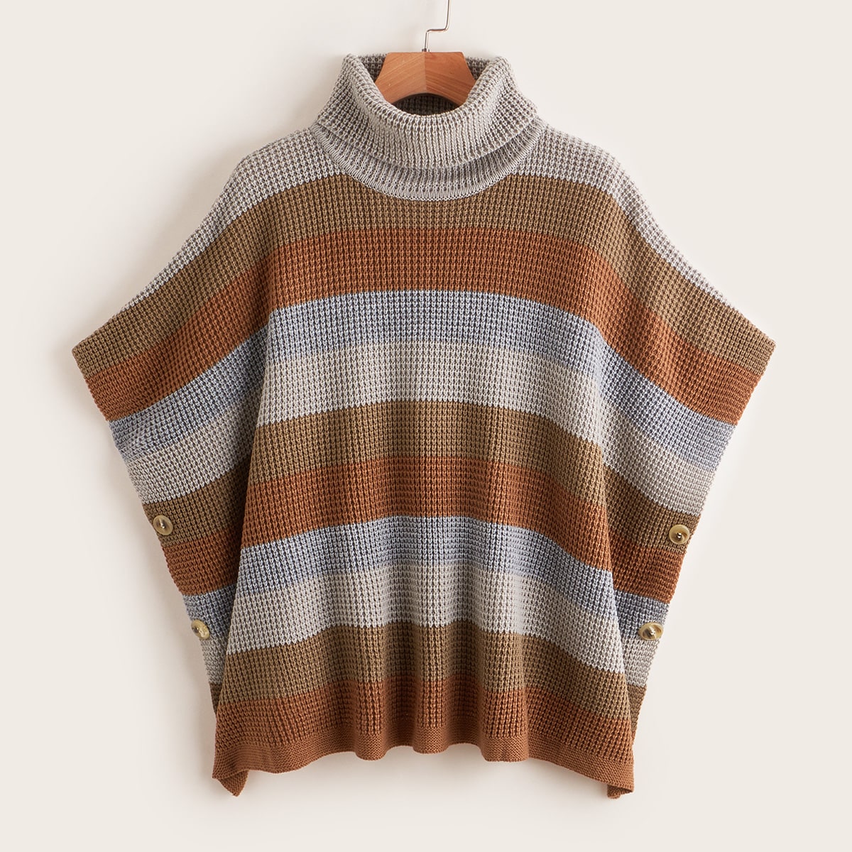 Пончо с высоким воротником Контрастный в полоску