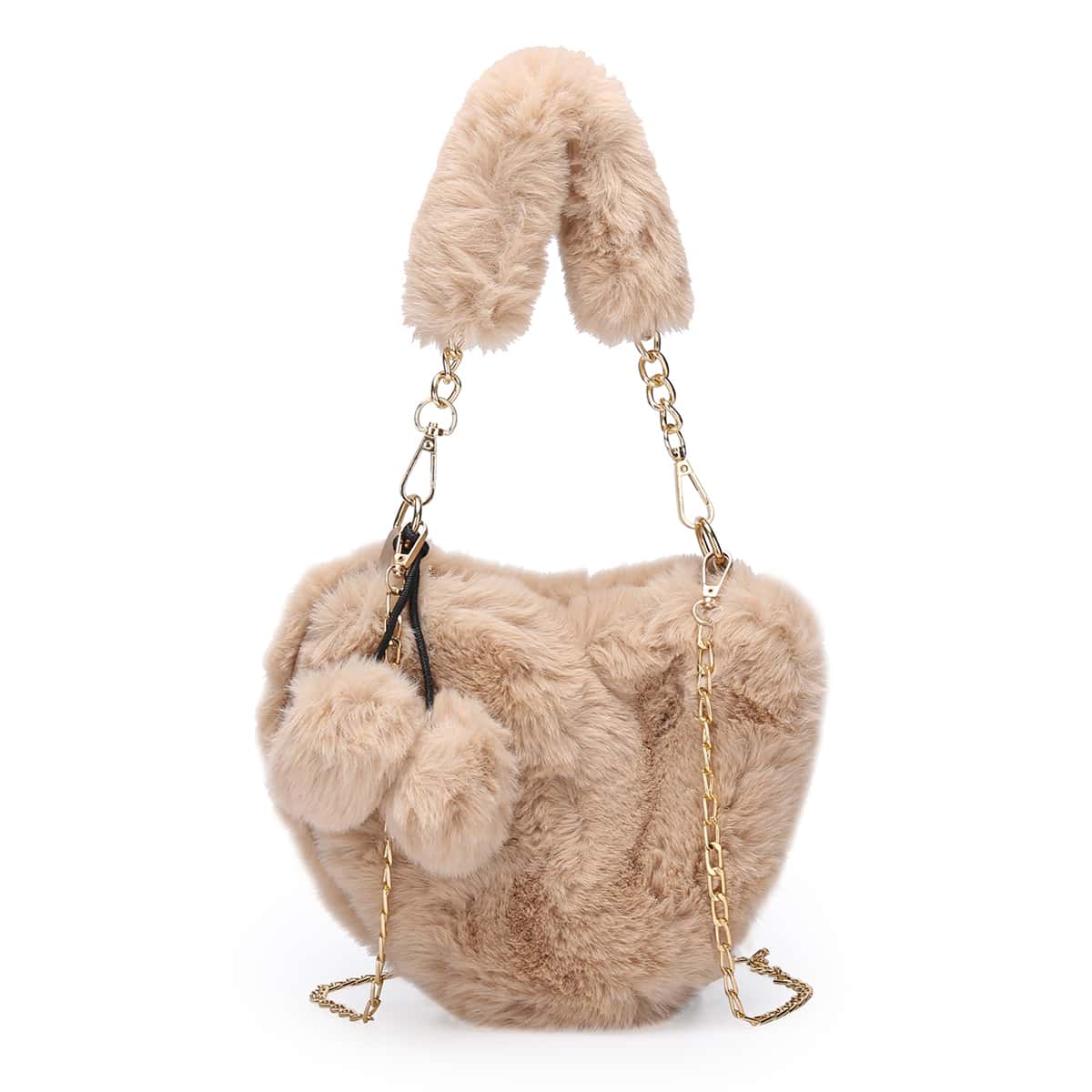 

Fluffy Heart Shaped Novelty Bag, Khaki