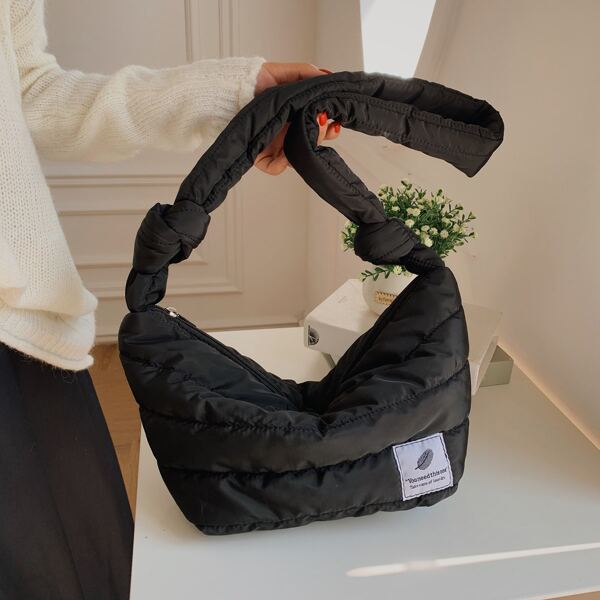 

Minimalist Quilted Knot Design Shoulder Bag, Black