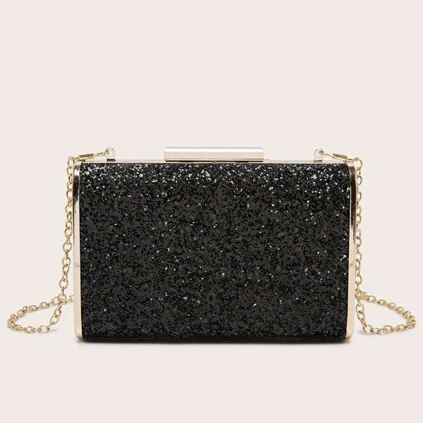 

Glitter Decor Chain Box Bag, Black