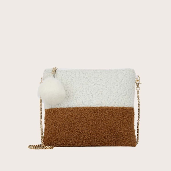 

Girls Two Tone Pom-pom Decor Chain Square Bag, Khaki