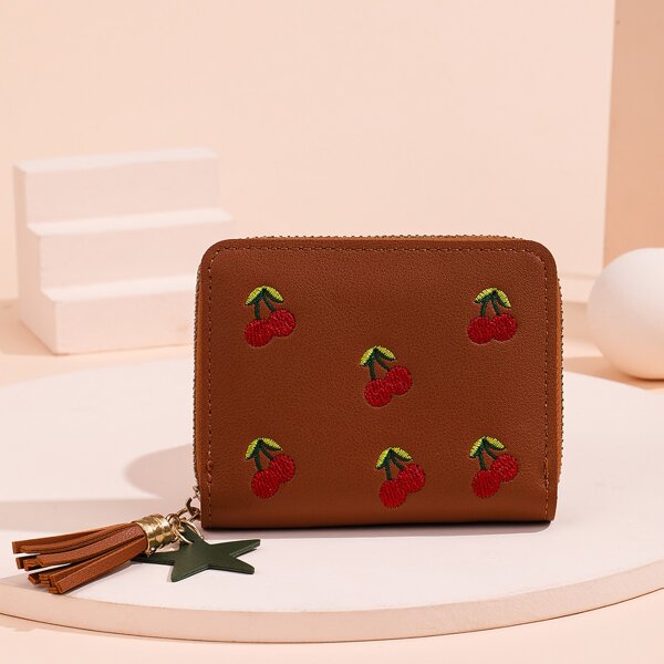 

Cherry Embroidery Decor Small Wallet, Brown