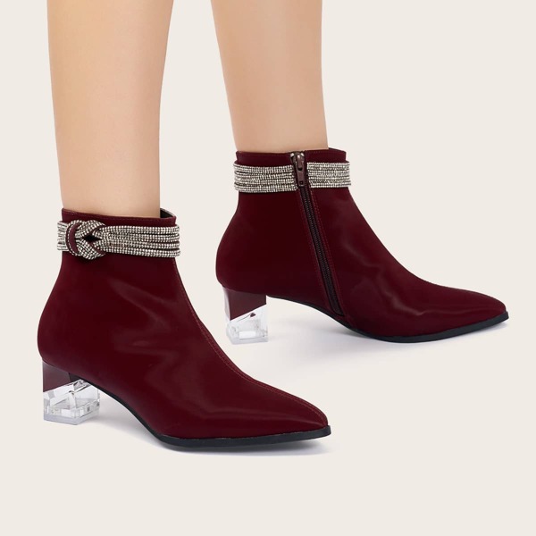 

Rhinestone Decor Side Zipper Chunky Boots, Burgundy