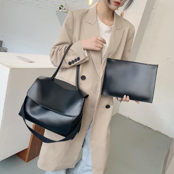 

Minimalist Shoulder Bag With Inner Pouch, Black