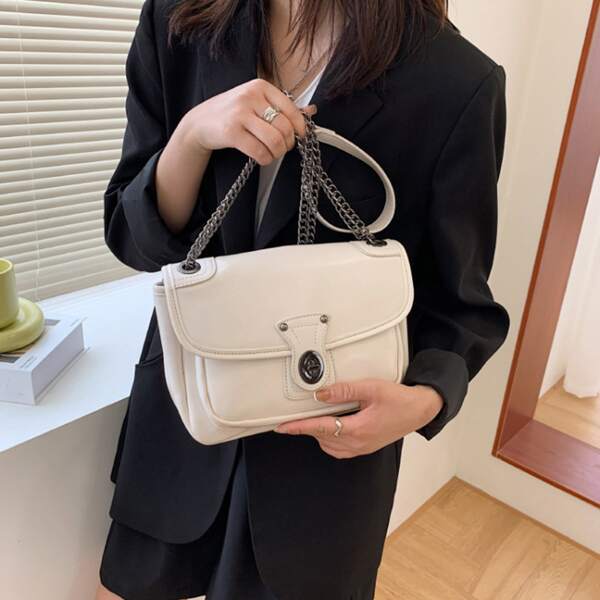 

Minimalist Twist Lock Chain Shoulder Bag, Beige