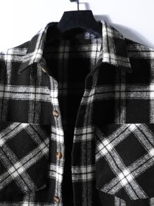 Manfinity Homme Men Plaid Print Pocket Patched Overcoat Without Hoodie - Black and White - View 4