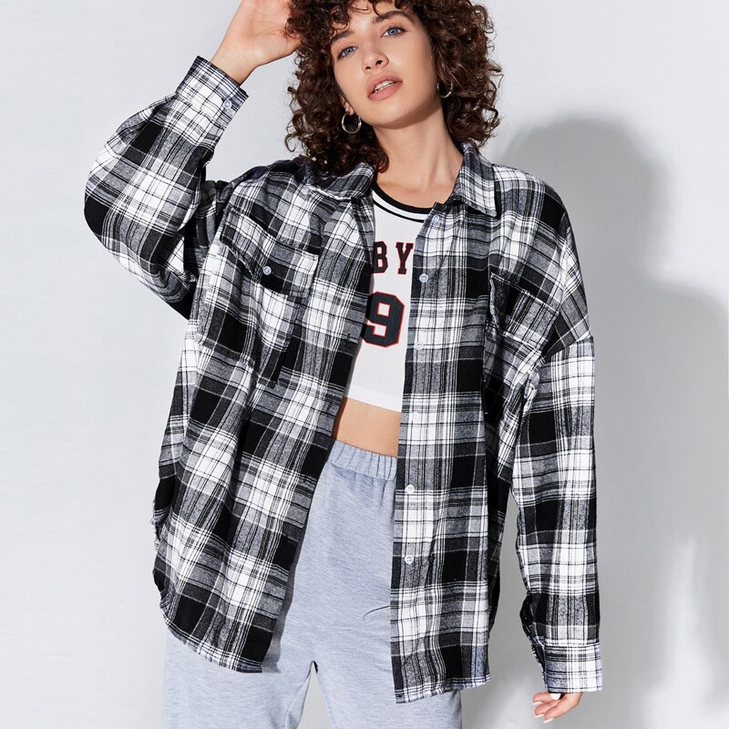 

Plaid Button Front Pocket Blouse, Black and white