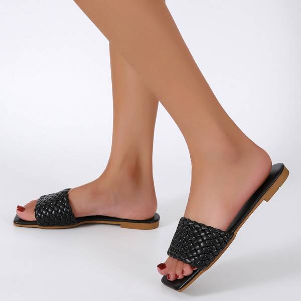 

Minimalist Braided Design Slide Sandals, Black