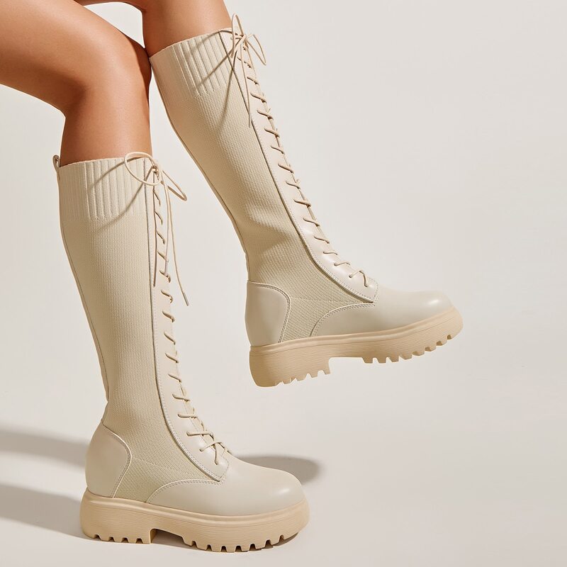 

Minimalist Lace-up Front Knit Sock Boots, Beige