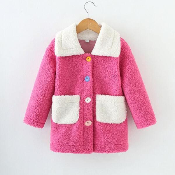 

Girls Contrast Collar Pocket Patched Teddy Coat, Multicolor