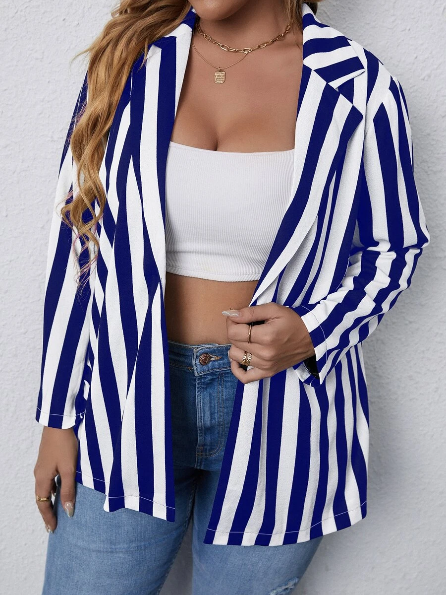 Plus Vertical Striped Lapel Collar Single Button Blazer - Blue and White - View 1