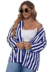 Plus Vertical Striped Lapel Collar Single Button Blazer - Blue and White - View 3