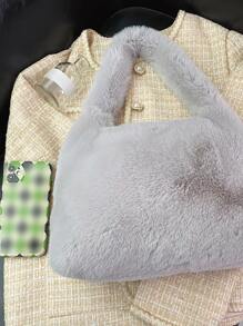 Minimalist Fluffy Shoulder Bag - Grey - View 5
