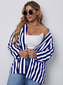 Plus Vertical Striped Lapel Collar Single Button Blazer - Blue and White - View 5
