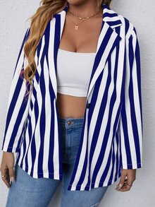 Plus Vertical Striped Lapel Collar Single Button Blazer - Blue and White - View 6