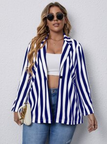 Plus Vertical Striped Lapel Collar Single Button Blazer - Blue and White - View 7
