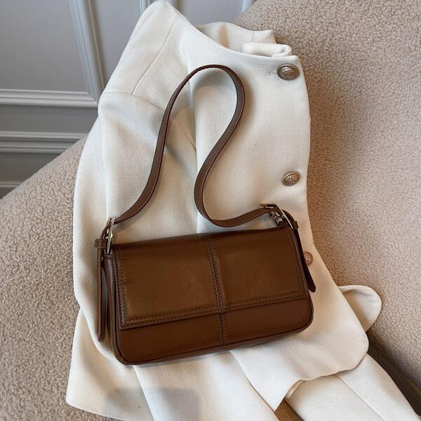 

Minimalist Flap Baguette Bag, Coffee brown