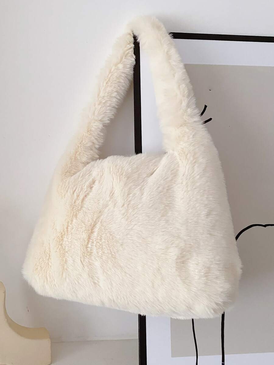 Minimalist Fluffy Shoulder Bag - Beige - View 1