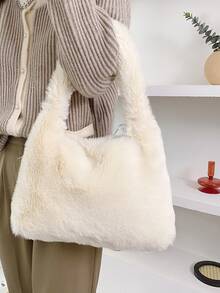 Minimalist Fluffy Shoulder Bag - Beige - View 2