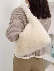 Minimalist Fluffy Shoulder Bag - Beige - View 3
