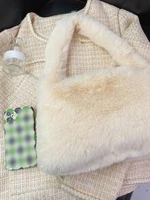 Minimalist Fluffy Shoulder Bag - Beige - View 5