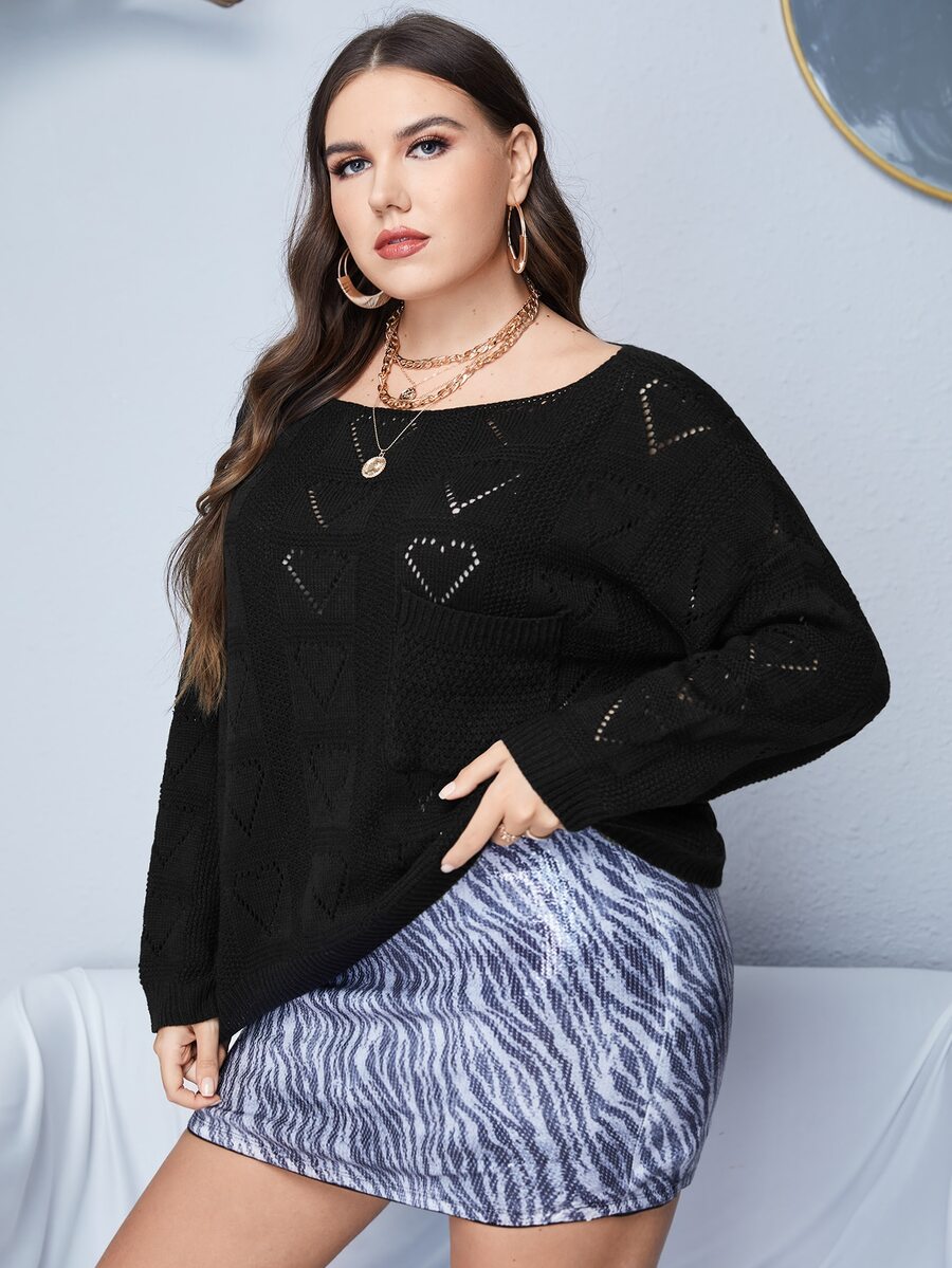 Áo len Plus Size màu trơn Giải trí - màu đen - Xem 1