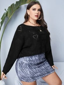 Áo len Plus Size màu trơn Giải trí - màu đen - Xem 3