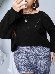 Áo len Plus Size màu trơn Giải trí - màu đen - Xem 4