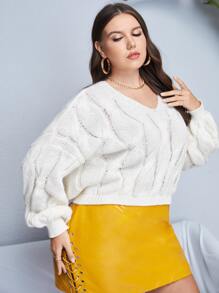 SHEIN Unity 大碼麻花編織落肩袖套頭毛衣 - 米色 - 查看 3