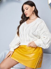 SHEIN Unity 大碼麻花編織落肩袖套頭毛衣 - 米色 - 查看 5