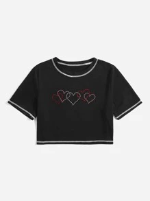 Áo thun nữ Pha lê kim cương Tương phản ràng buộc Tim Giải trí - màu đen - Xem 1