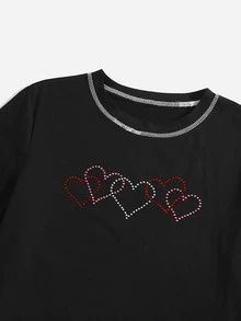 Áo thun nữ Pha lê kim cương Tương phản ràng buộc Tim Giải trí - màu đen - Xem 3