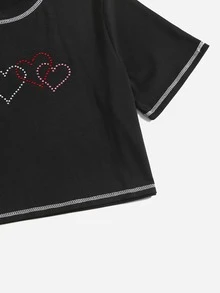 Áo thun nữ Pha lê kim cương Tương phản ràng buộc Tim Giải trí - màu đen - Xem 4