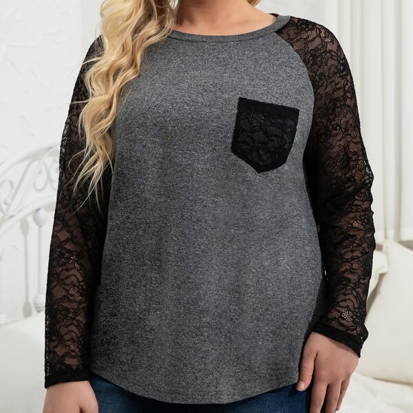 

Plus Contrast Lace Raglan Sleeve Tee, Dark grey