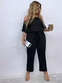 Calvaya Jumpsuits Plus Size Thắt nơ trước màu trơn Giải trí - màu đen - Xem 1