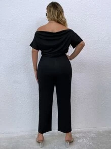 Calvaya Jumpsuits Plus Size Thắt nơ trước màu trơn Giải trí - màu đen - Xem 2