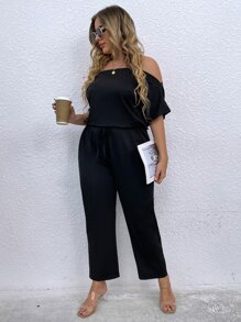 Calvaya Jumpsuits Plus Size Thắt nơ trước màu trơn Giải trí - màu đen - Xem 3