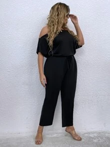 Calvaya Jumpsuits Plus Size Thắt nơ trước màu trơn Giải trí - màu đen - Xem 4