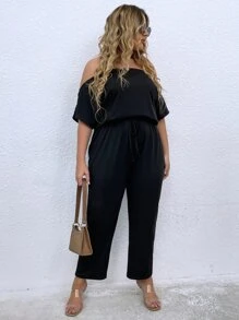 Calvaya Jumpsuits Plus Size Thắt nơ trước màu trơn Giải trí - màu đen - Xem 5